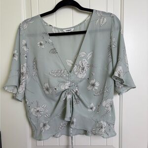Express Blue Green Floral Drawstring V-Neck Blouse